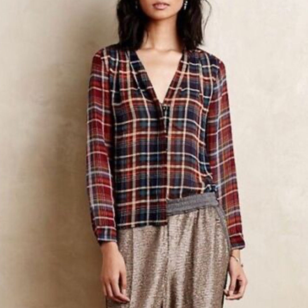 Anthropologie Maeve Sheer Multi Plaid Button Down